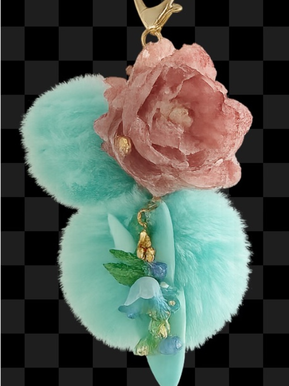 Handmade Decorative Turquoise Faux Fur Pom Flower Keychain w/ tiny scissors